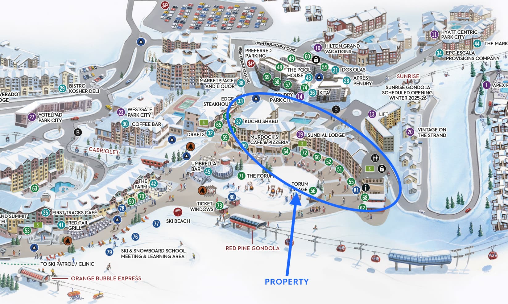 No better location -- very center of Park City Mountain's Canyons Village with the resort plaza and Red Pine Gondola out one side, the new Sunrise Gondola out the other side.