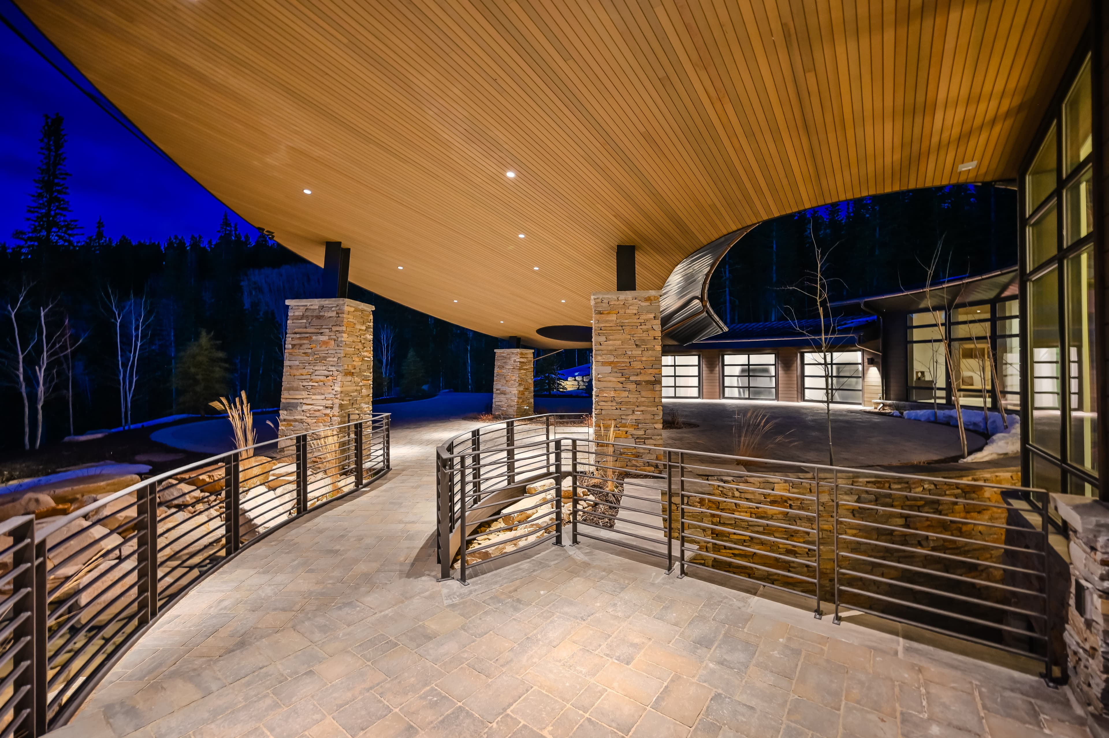 A covered patio area with mountain views.